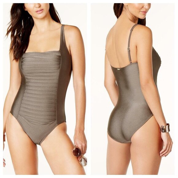 NWT! Calvin Klein Bronze Pleated One Piece Swimsuit NEW! - Picture 1 of 3